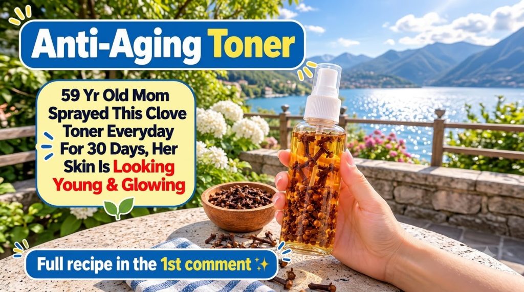 A hand holding a clear spray bottle filled with yellowish liquid and whole cloves with a wooden bowl of cloves and scatt