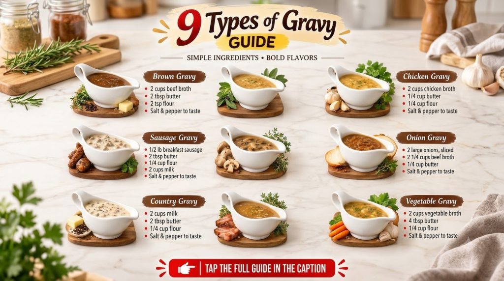 A grid showcasing nine different types of savory gravy in white gravy boats each garnished with herbs and spices on a li