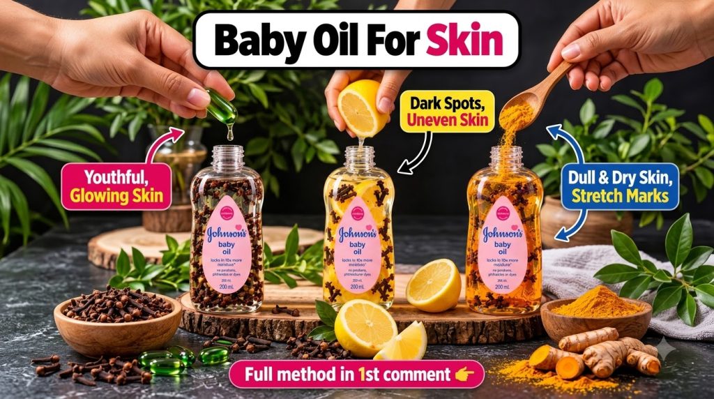 Three bottles of Johnson s baby oil each infused with cloves lemon slices and turmeric powder Hands are adding these ing
