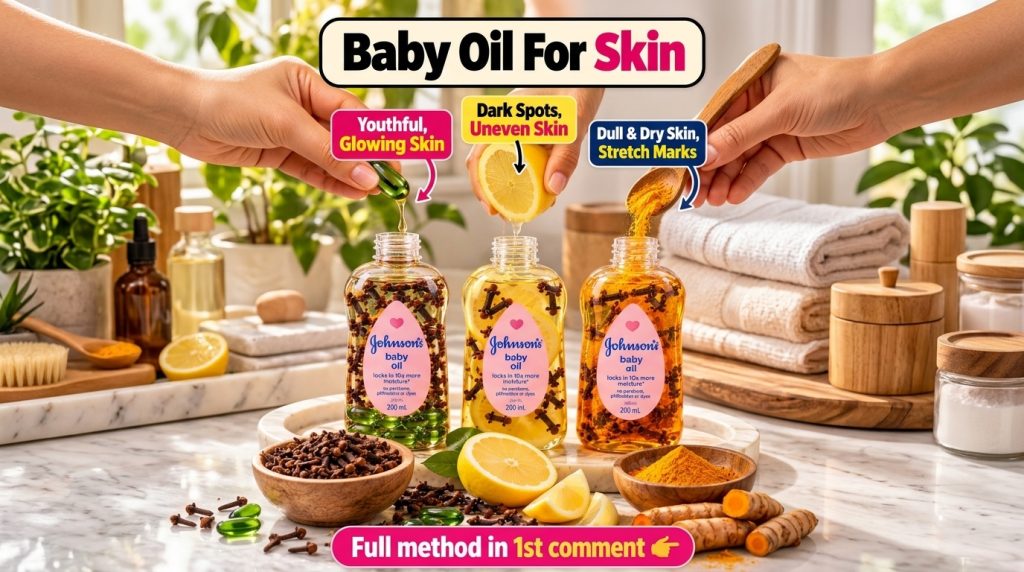 Three bottles of baby oil being infused with natural ingredients like a green capsule Vitamin E lemon juice and turmeric
