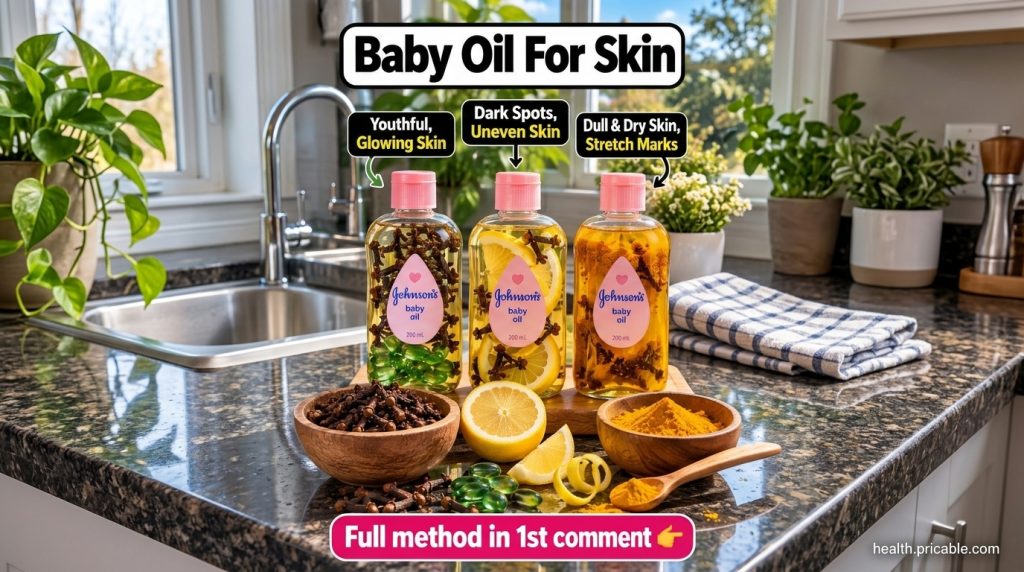 Three clear bottles of baby oil infused with natural ingredients one with lemon slices one with cloves and one with turm