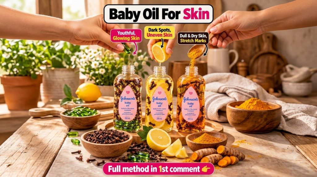 Three bottles of Johnson s baby oil each infused with natural ingredients one with vitamin E capsules and cloves another