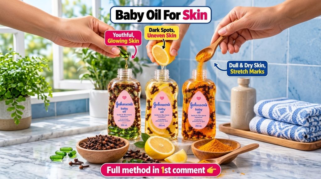 A clear bottle of baby oil infused with green Vitamin E capsules and whole cloves positioned next to loose green capsule