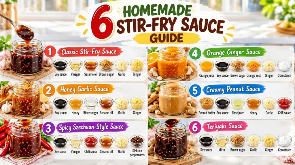 An infographic showing 6 different homemade stir-fry sauces in jars with their respective ingredients laid out beside th