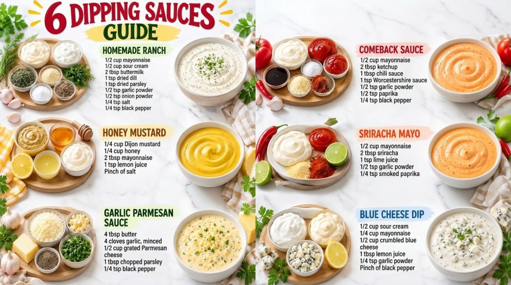 A visually appealing arrangement of six distinct dipping sauces Each section clearly shows the individual fresh ingredie