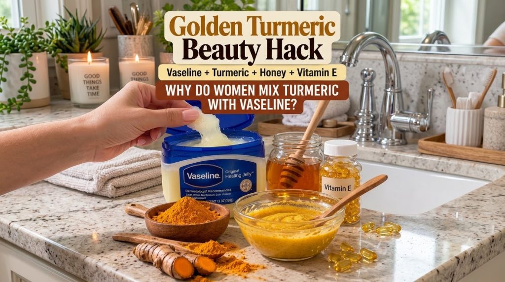 Ingredients for a golden turmeric face mask Vaseline honey Vitamin E capsules turmeric powder and a bowl of mixed paste 