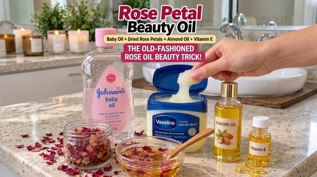 A collection of ingredients for rose petal beauty oil including Johnson s baby oil almond oil vitamin E capsules dried r