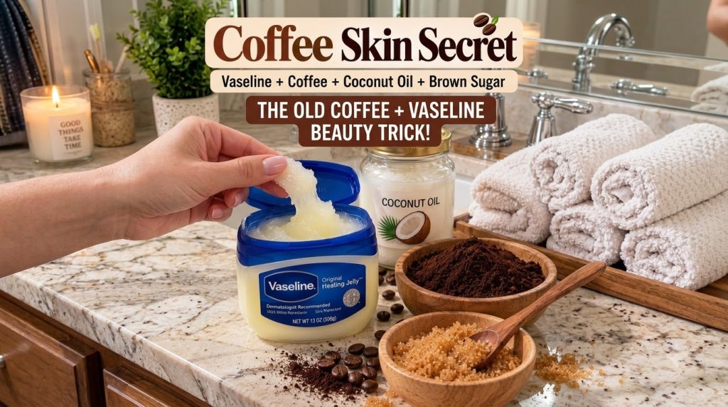 A hand scooping Vaseline from a tub surrounded by small wooden bowls containing coffee grounds coconut oil and brown sug