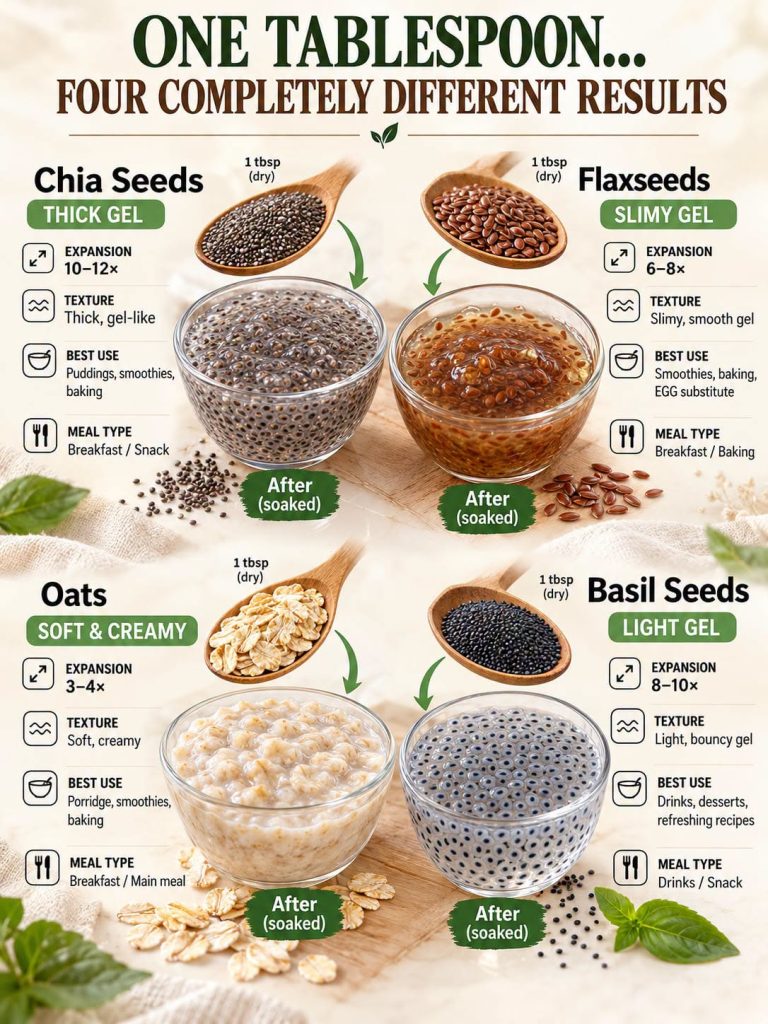 An infographic comparing dry and soaked states of Chia Seeds Flaxseeds Oats and Basil Seeds with details on expansion te