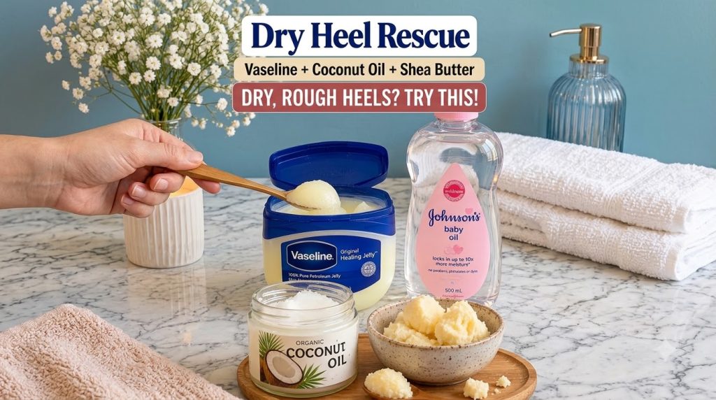 Ingredients for a DIY dry heel balm an open tub of Vaseline a bottle of baby oil a jar of coconut oil and a bowl of shea