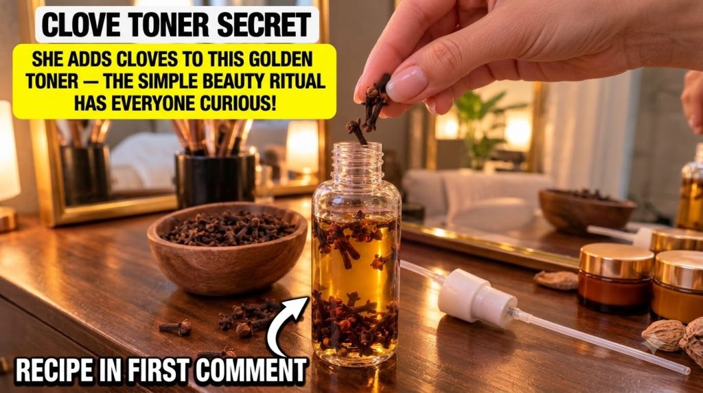 A hand dropping dried cloves into a clear glass bottle filled with a warm golden baby oil A wooden bowl of cloves and sc