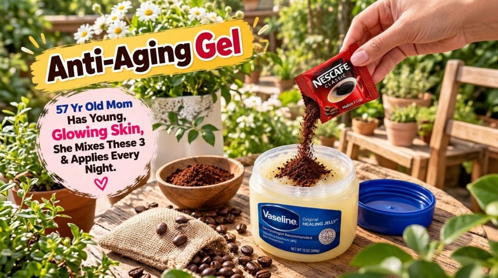 A hand pouring instant coffee granules from a red sachet into a clear jar of Vaseline Original Healing Jelly with coffee