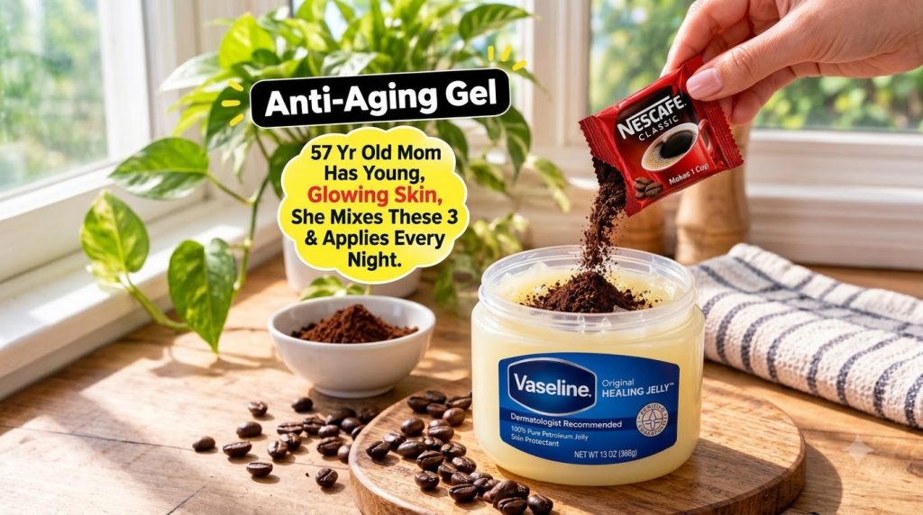 A hand pouring instant coffee granules into a jar of Vaseline petroleum jelly with coffee beans scattered on a wooden su