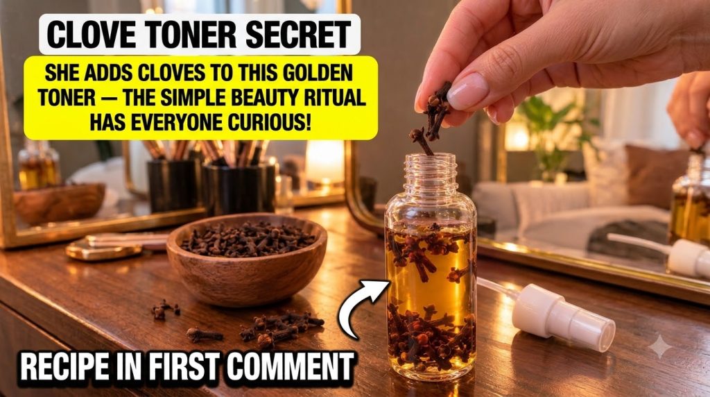 A hand adding whole cloves into a small clear glass bottle containing baby oil A wooden bowl of cloves is nearby and the