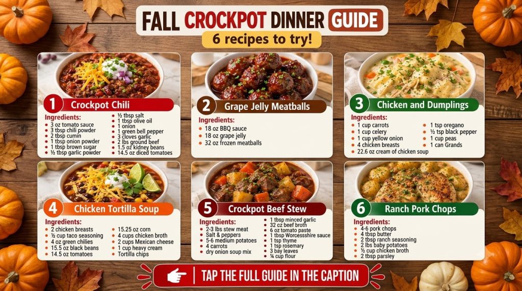 A grid layout showing six different fall crockpot dinner recipes chili meatballs chicken and dumplings chicken tortilla 