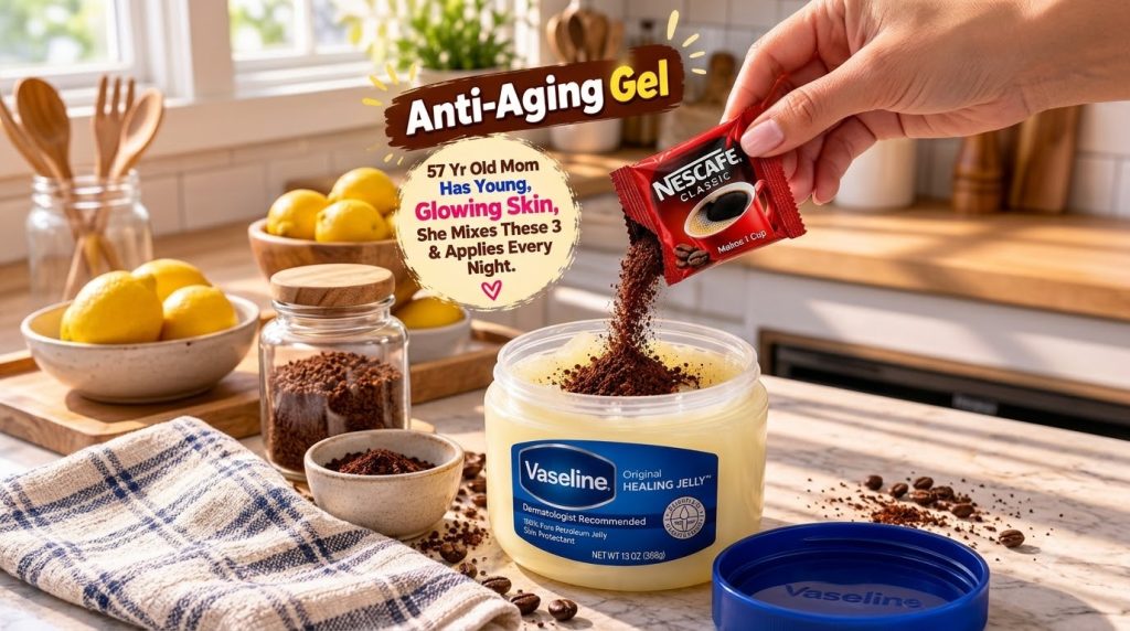 A hand pouring instant coffee grounds from a packet into a large tub of Vaseline Original Healing Jelly on a marble surf