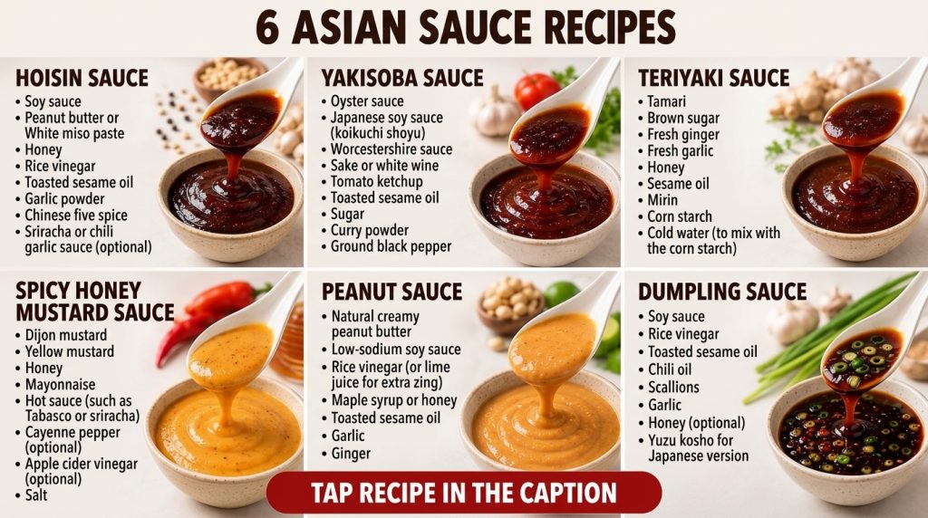 A grid showing six different Asian sauces Hoisin Yakisoba Teriyaki Spicy Honey Mustard Peanut and Dumpling each in a cer
