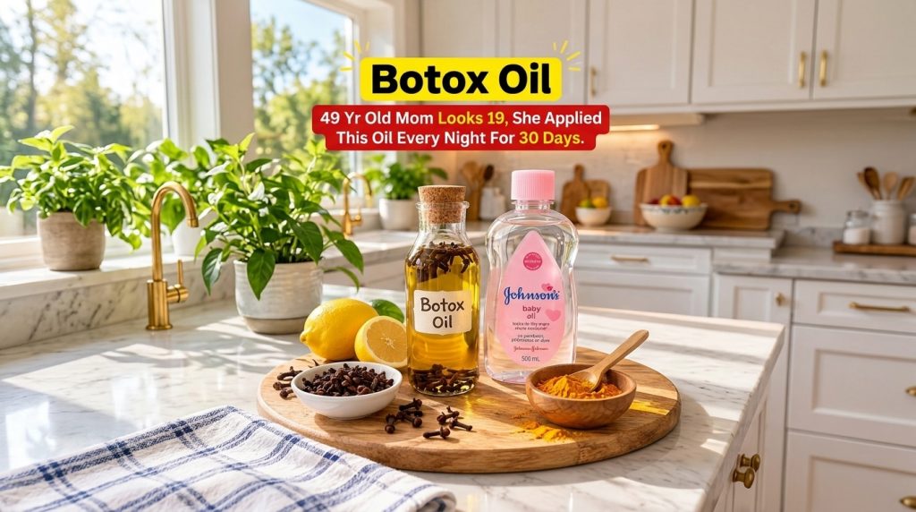 Ingredients for Botox Oil including cloves in oil baby oil fresh lemons and turmeric powder on a wooden cutting board in