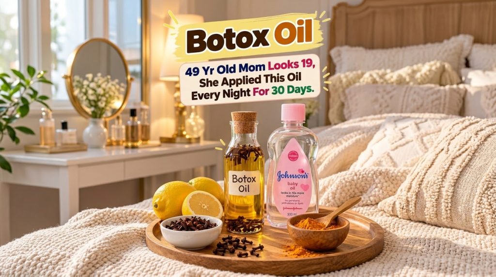 A wooden tray with natural beauty ingredients two oil bottles one labeled Botox Oil with cloves another Johnson s baby o