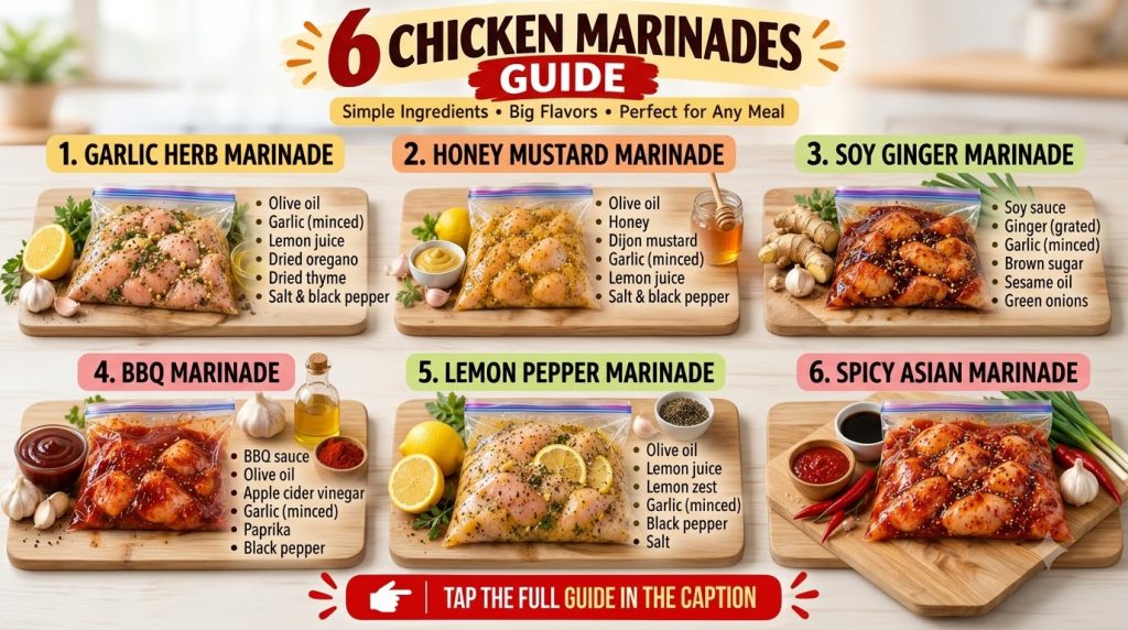A vibrant collage showcasing six different raw chicken marinades in clear bags with fresh ingredients like lemons garlic