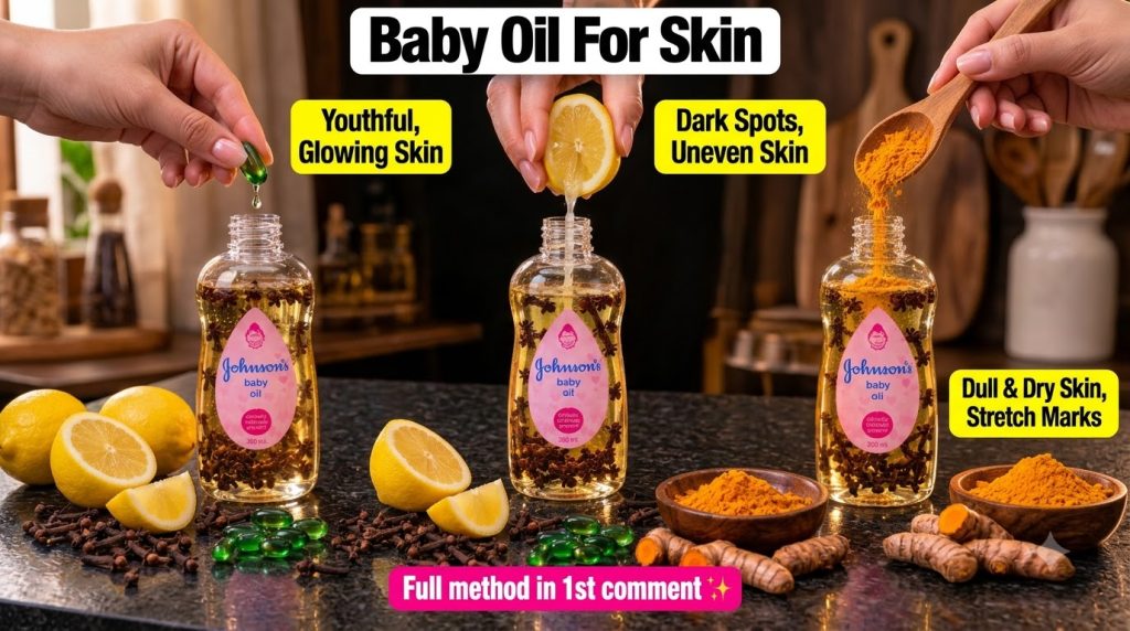 Hands actively preparing DIY baby oil infusions pouring a green liquid capsule squeezing lemon juice and spooning turmer