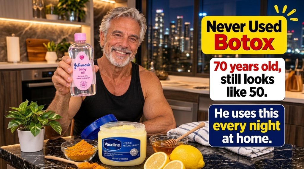 A smiling mature man holding a bottle of Johnson s Baby Oil with Vaseline turmeric honey and sliced lemons on a countert