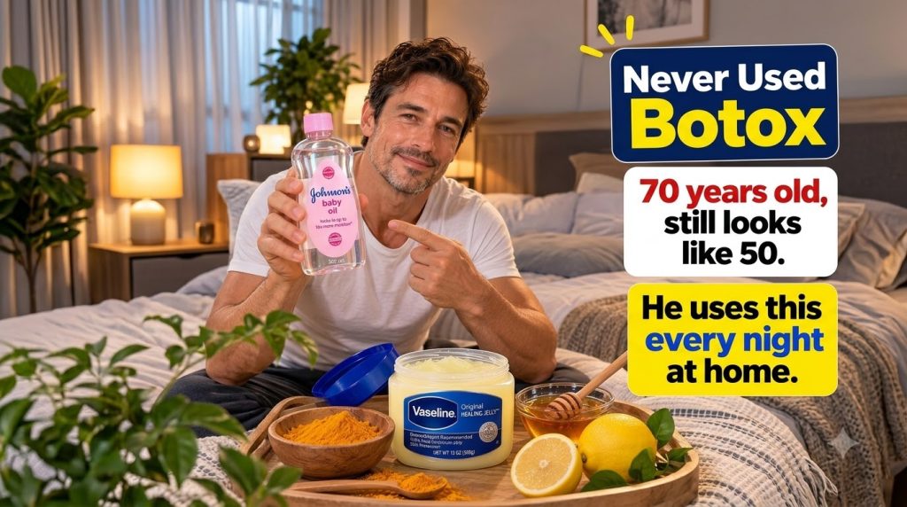 A smiling man holding a bottle of baby oil pointing to a wooden tray with Vaseline turmeric honey and lemons The backgro