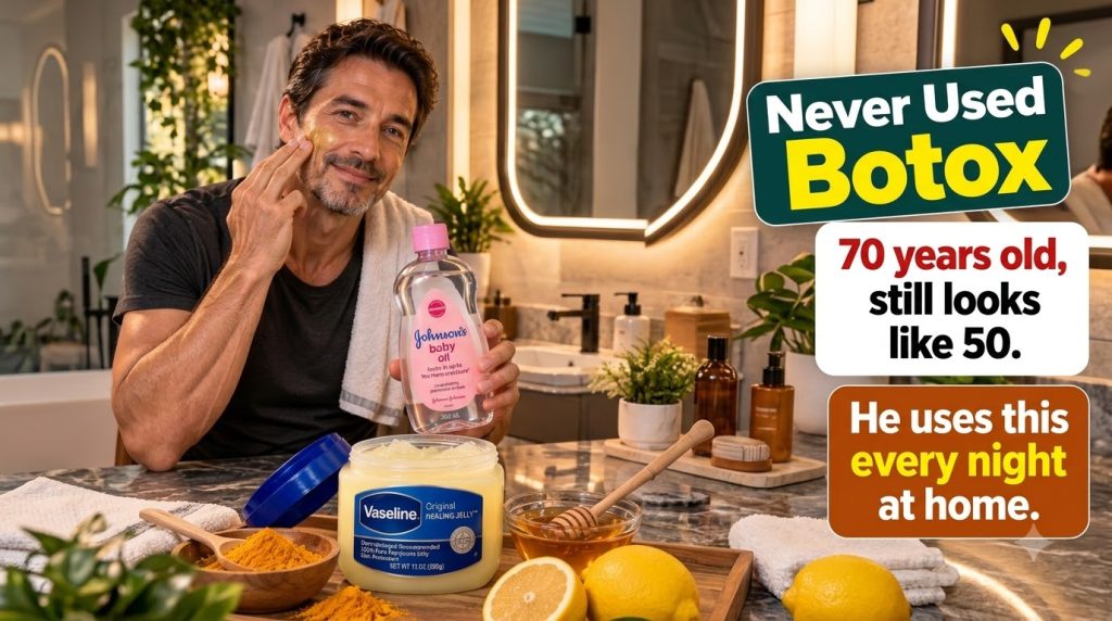 A smiling man applying a yellow face mask to his cheek holding a bottle of Johnson s baby oil In the foreground a wooden