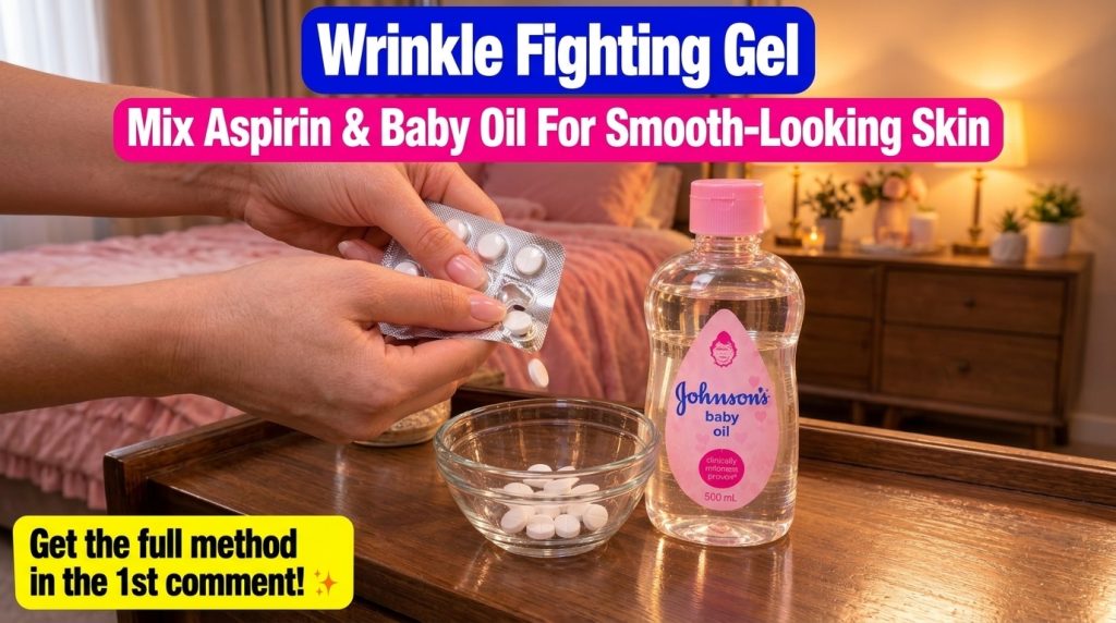 A hand dropping an aspirin tablet into a glass bowl filled with more aspirin tablets next to a bottle of baby oil set in