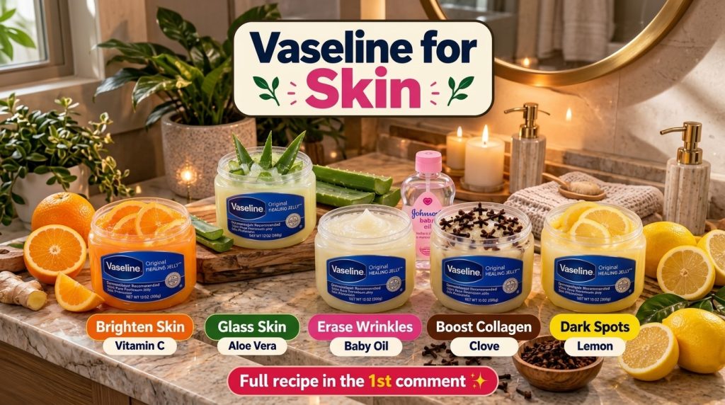 Six jars of Vaseline customized with natural ingredients like lemon aloe vera baby oil cloves and orange slices arranged