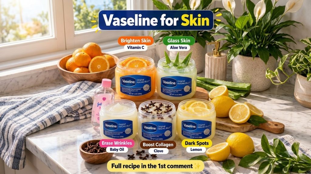 Five jars of Vaseline customized with natural ingredients like orange slices aloe vera baby oil cloves and lemon slices