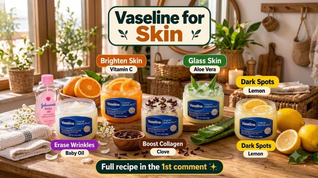 A rustic wooden surface adorned with several open Vaseline Original Healing Jelly jars each infused with natural ingredi