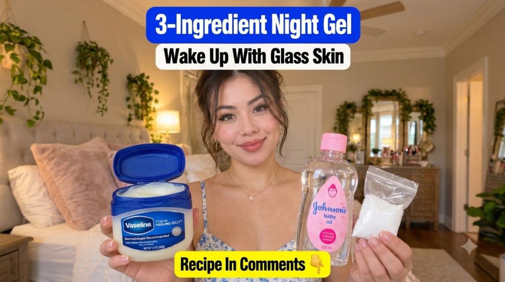 A smiling woman holding a tub of Vaseline a bottle of baby oil and a small bag of rice powder illustrating the three ing