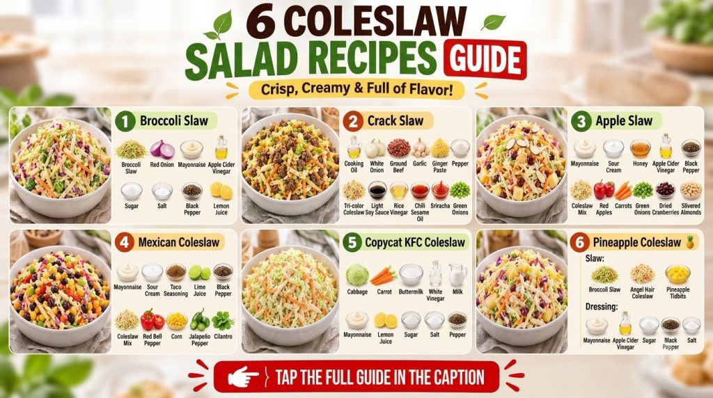 An infographic showing six different vibrantly colored coleslaw recipes in separate bowls with corresponding ingredient 