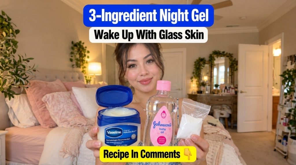 A smiling woman holding a jar of Vaseline a bottle of baby oil and a small bag of rice powder against a warm blurred bac