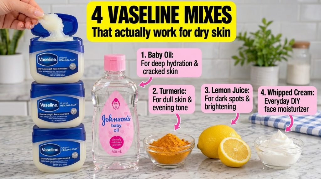 A hand scooping Vaseline from a jar surrounded by various DIY beauty ingredients like baby oil turmeric lemons and whipp