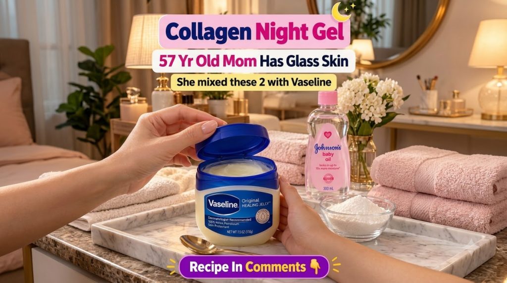 Hands holding an open jar of Vaseline Original Healing Jelly with a golden spoon a bottle of Johnson s Baby Oil and a bo