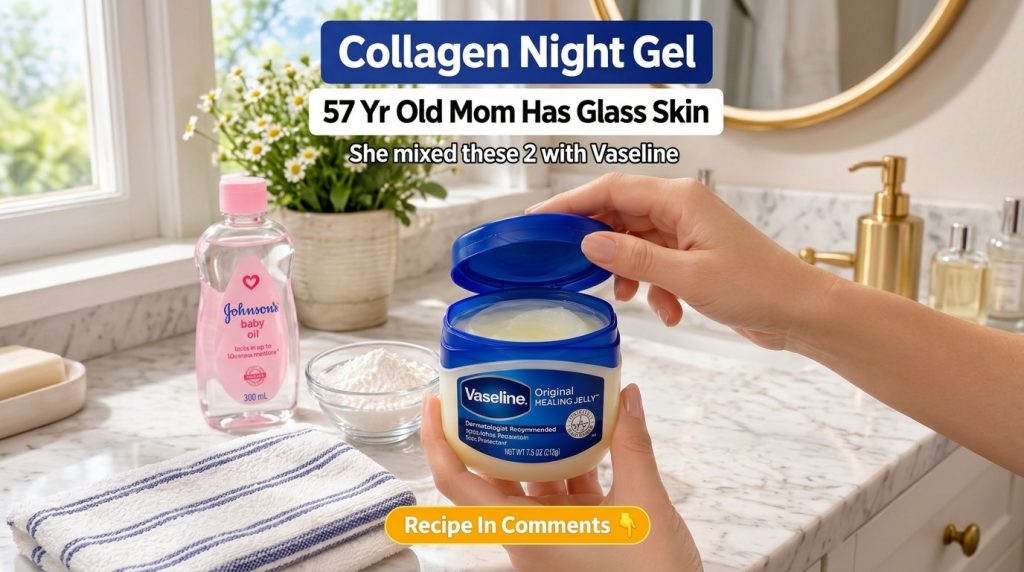 A pair of hands opening a jar of Vaseline Original Healing Jelly with a bottle of Johnson s Baby Oil a bowl of white pow