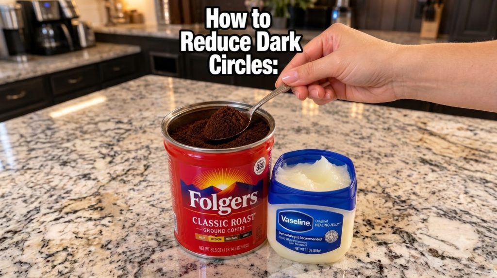 A hand holding a spoon filled with coffee grounds over a can of Folgers coffee next to a jar of Vaseline all on a granit