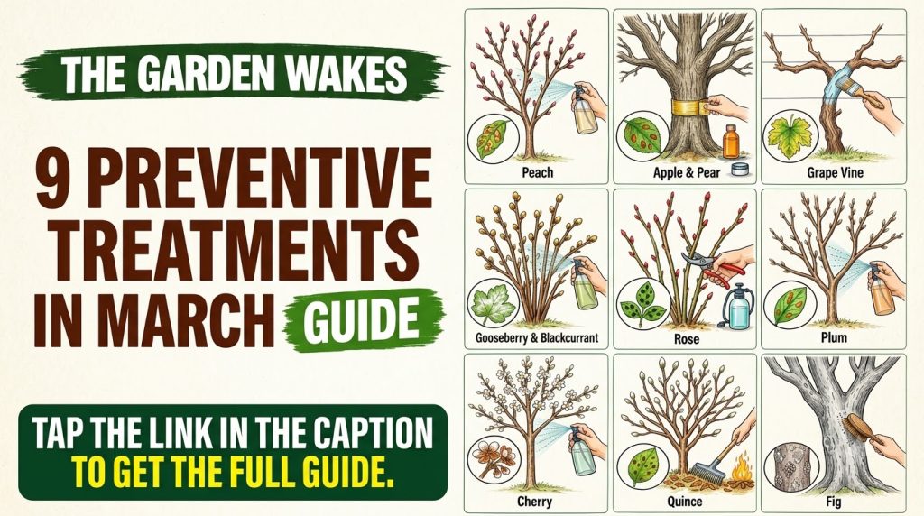 An infographic showing 9 preventative garden treatments for March with illustrations of different plants like peach rose