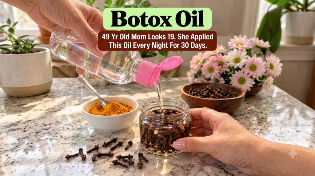 Hands pouring baby oil into a glass jar with cloves and turmeric powder on a counter with green foliage in the backgroun