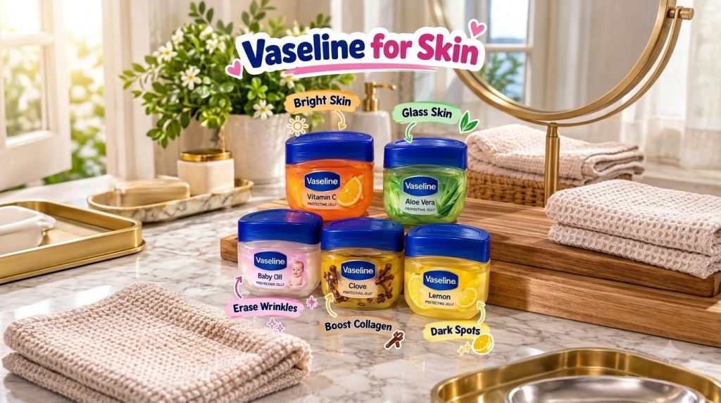 Five colorful jars of Vaseline Protecting Jelly on a marble countertop with a potted plant and bathroom items in the bac