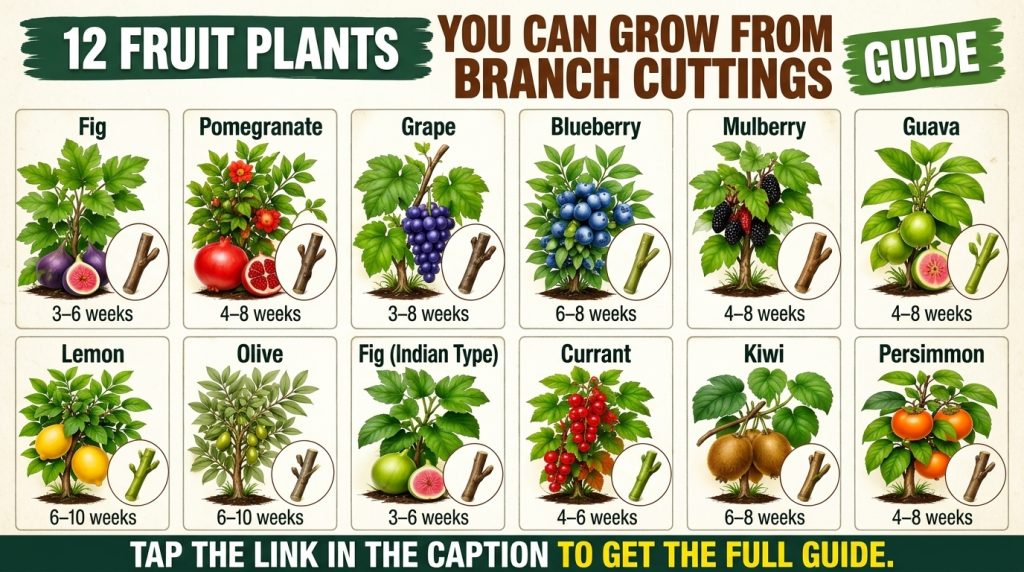 An infographic showing 12 different fruit plants that can be grown from branch cuttings with illustrations of each plant