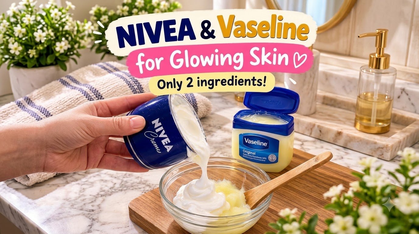 A hand pouring Nivea Creme from its blue tin into a clear glass bowl containing Vaseline and a wooden spatula on a woode