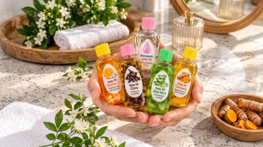 A pair of hands gently cupping five small bottles of natural baby oil blends Vitamin C Clove Aloe Vera Turmeric Petroleu