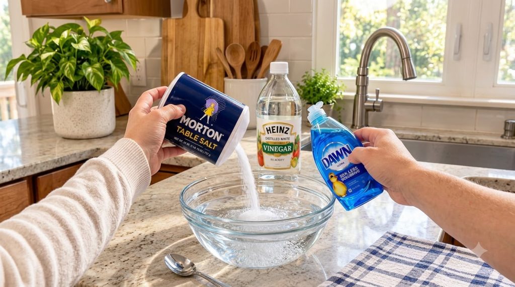 Hands mixing salt vinegar and dish soap in a bowl on a bright kitchen counter with potted plants in the background