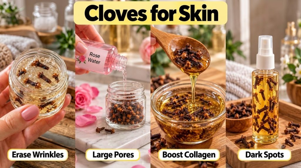 A four-panel collage showing different clove skincare remedies cloves in a gel for wrinkles rose water pouring onto clov