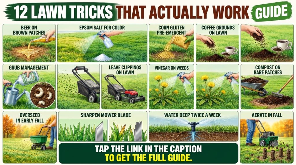 An illustrated infographic showing 12 different lawn care tricks in a grid format Each panel features hands performing a