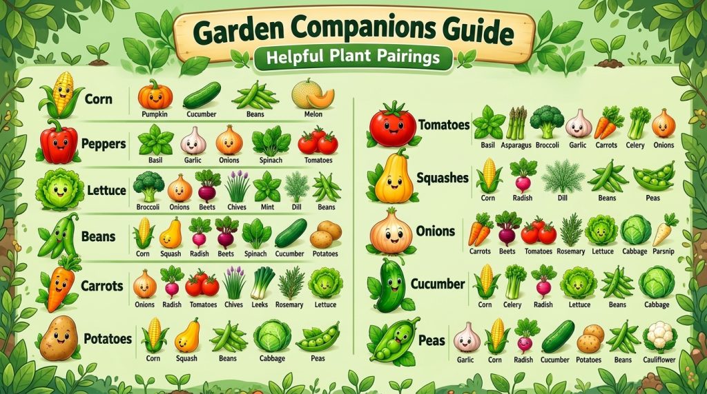 A cartoon-style infographic titled COMPANION PLANTING FOR BEGINNERS showing 10 main crops and their companion plants The