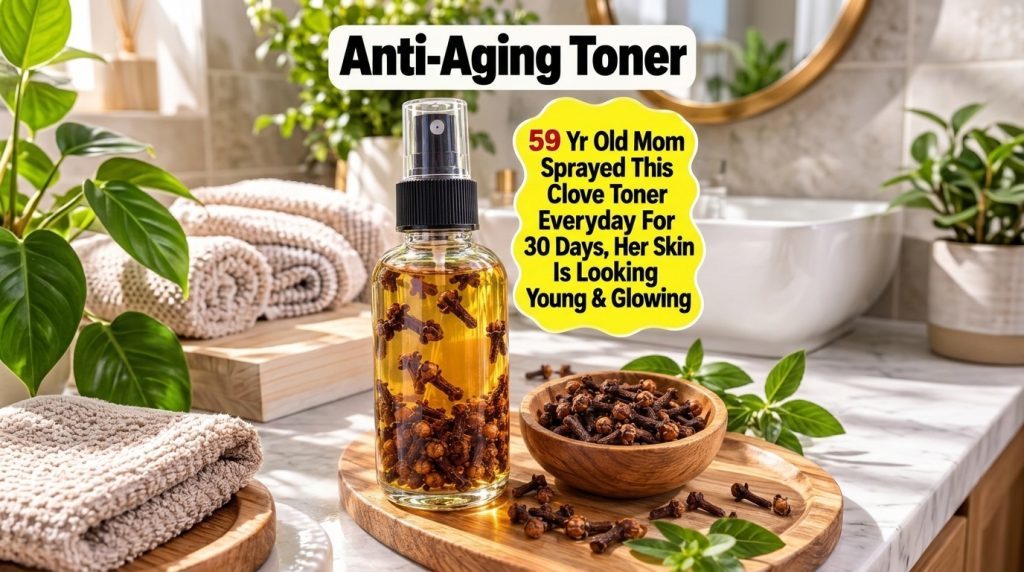 A clear glass spray bottle filled with golden liquid and whole cloves next to a small wooden bowl of cloves and green le